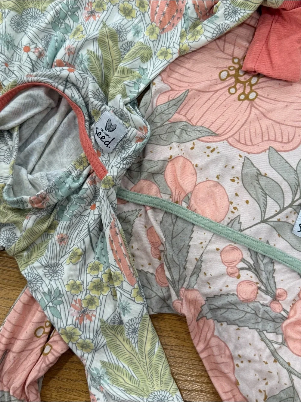 The Simple Seed Lot of 2 Floral Pink & Sage Green Footed Baby Bamboo Pajamas